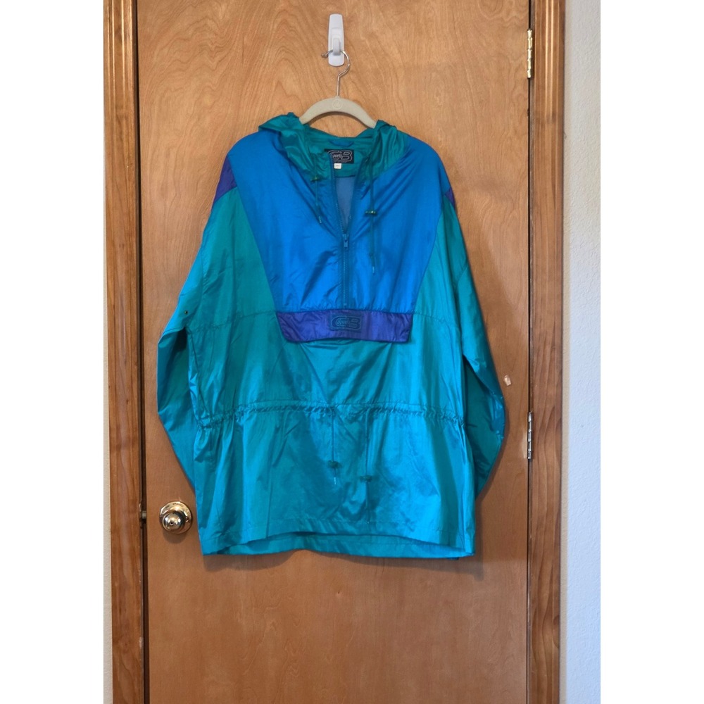 Vintage CB Sports B Windbreaker Mens Large Blue Teal Purple Colorblock Pullover
